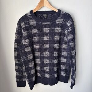 J Crew Sweater Mens Size L-Blue Gray Check Linen Wool Alpaca Blend Long Sleeve